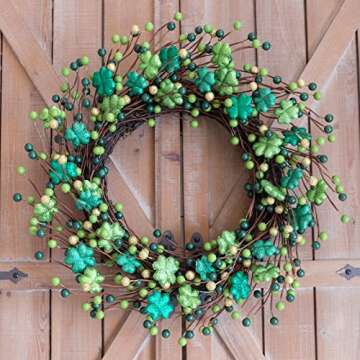 Bibelot 18 Inch ST Patrick’s Day Green Glitter Leaves Wreath, Spring Holiday Party Shamrock Clover...