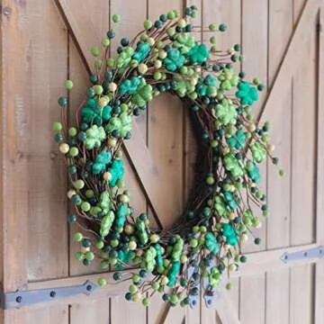 Bibelot 18 Inch ST Patrick’s Day Green Glitter Leaves Wreath, Spring Holiday Party Shamrock Clover Leaf Wreath for Front Door, Green Wreath for Inside and Outside Use