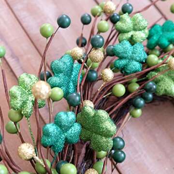 Bibelot 18 Inch ST Patrick’s Day Green Glitter Leaves Wreath, Spring Holiday Party Shamrock Clover Leaf Wreath for Front Door, Green Wreath for Inside and Outside Use