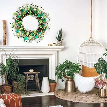 Bibelot 18 Inch ST Patrick’s Day Green Glitter Leaves Wreath, Spring Holiday Party Shamrock Clover Leaf Wreath for Front Door, Green Wreath for Inside and Outside Use