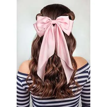 Furling Pompoms Hair Bows for Women,Large Satin Silky Hair Bow Clips Ribbon Long Tail French Barrette Hair Clamps Girls Hair Accessories Party Wedding Christmas Thanksgiving (Pink/White)