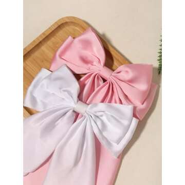 Furling Pompoms Hair Bows for Women,Large Satin Silky Hair Bow Clips Ribbon Long Tail French Barrette Hair Clamps Girls Hair Accessories Party Wedding Christmas Thanksgiving (Pink/White)
