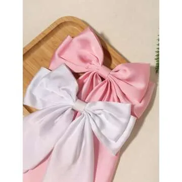 Furling Pompoms Hair Bows for Women,Large Satin Silky Hair Bow Clips Ribbon Long Tail French Barrette Hair Clamps Girls Hair Accessories Party Wedding Christmas Thanksgiving (Pink/White)