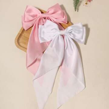 Furling Pompoms Hair Bows for Women,Large Satin Silky Hair Bow Clips Ribbon Long Tail French Barrette Hair Clamps Girls Hair Accessories Party Wedding Christmas Thanksgiving (Pink/White)