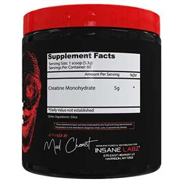 Insane Labz Insane Creatine Monohydrate Powder - Unflavored, Pre Workout, Post Workout, Strength Siz...