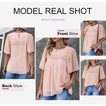 Dokotoo Womens 2024 Stylish Spring Summer Front Lace Crochet Panel Pom Pom Strappy Crew Neck Short Sleeve Shirts Soft Cute Solid Basic Blouses Tops Apricot XL