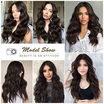 Nnzes Long Wavy Wigs for Black Women Natural Looking Wavy Synthetic Wig Highlight Synthetic Wigs for Women Heat Resistant Fiber Hair for Daily Party Wear (22 inch, Brown)