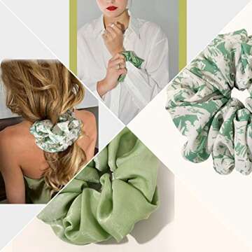 Scrunchies Hair Ties for Women - Big Silk Satin Scrunchie Exra Large Jumbo Gaint Oversized Cute Chiffon Scrunchy for Curl Thick Hair Green Ligas Para el Cabello De Mujer Decorations Gift for Girls