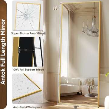 Antok Full Length Mirror, 58"x20" Floor Mirror, Floor Standing Mirror Freestanding Full Body Mirror with Stand for Bedroom, Hanging Mounted Mirror for Living Room Cloakroom, Gold