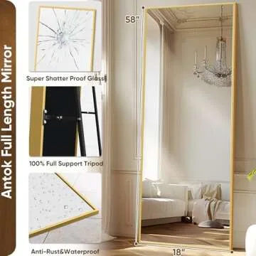 Antok Full Length Mirror, 58"x20" Floor Mirror, Floor Standing Mirror Freestanding Full Body Mirror with Stand for Bedroom, Hanging Mounted Mirror for Living Room Cloakroom, Gold