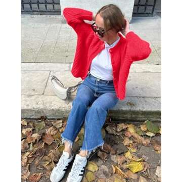 COZYPOIN Women Chunky Cardigan Open Front Sweater Long Sleeve Knitted Cardigan Button Down Outerwear Knitwear(Pink-M)