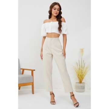 JEAAMKSSER Women's High Waisted Business Trousers Straight Leg Pleated Office Slacks Pants Beige S