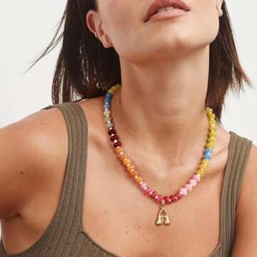 KissYan Initial Necklaces for Women, Colorful Beaded Gemstone Choker 14K Gold Bubble Letter Pendant Necklace Natural Stone Summer Beach Handmade Jewelry Gift(L)
