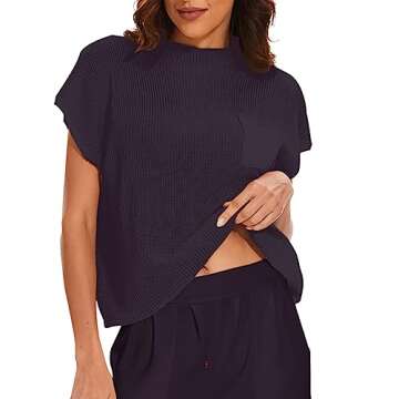 Meladyan Women Vintage Sleeveless Mock Neck Knit Sweater Vest Cap Sleeve Loose Fit Trendy Casual Tank Top with Front Pocket Black