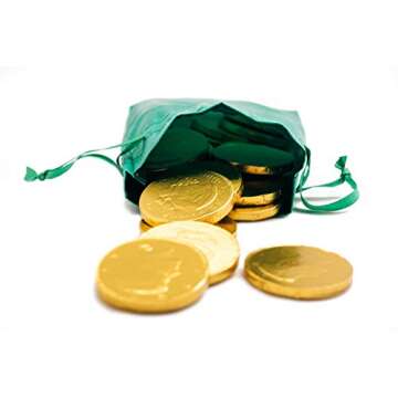 St. Patrick's Day Green Pouch w/ 20 Milk Chocolate Gold Coins - Linen Drawstring Bag - Golden Americ...