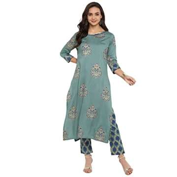 Janasya Indian Women's Sea Green Printed Kurta Kurti Top Tunic Casual Evening wear Kurta with Pant f...