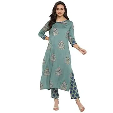 Janasya Indian Women's Sea Green Printed Kurta Kurti Top Tunic Casual Evening wear Kurta with Pant f...