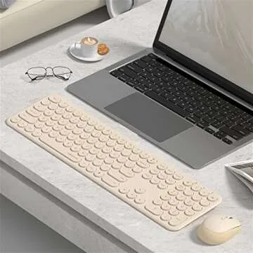 UBOTIE Wireless Keyboards and Mouse, Quiet Scissor Switches Slim Keyboards Mice Set, Silent Full Size 111 Round Keycaps with Adjustable DPI Mouse, Power On/Off Button for PC Laptop (Light Khaki)