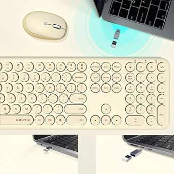 UBOTIE Wireless Keyboards and Mouse, Quiet Scissor Switches Slim Keyboards Mice Set, Silent Full Size 111 Round Keycaps with Adjustable DPI Mouse, Power On/Off Button for PC Laptop (Light Khaki)