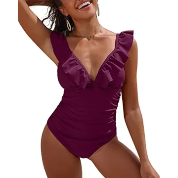 SOCIALA Ruched One Piece Bathing Suits Women Tummy Control Swimwear Ruffle V Neck High Cut Monokini ...