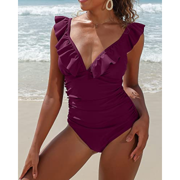 SOCIALA Ruched One Piece Bathing Suits Women Tummy Control Swimwear Ruffle V Neck High Cut Monokini Swimsuits Fuchsia S