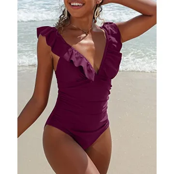SOCIALA Ruched One Piece Bathing Suits Women Tummy Control Swimwear Ruffle V Neck High Cut Monokini Swimsuits Fuchsia S