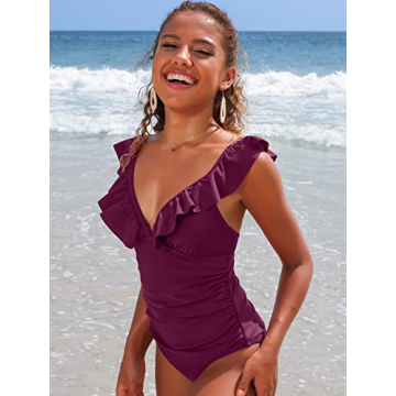SOCIALA Ruched One Piece Bathing Suits Women Tummy Control Swimwear Ruffle V Neck High Cut Monokini Swimsuits Fuchsia S