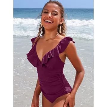 SOCIALA Ruched One Piece Bathing Suits Women Tummy Control Swimwear Ruffle V Neck High Cut Monokini Swimsuits Fuchsia S