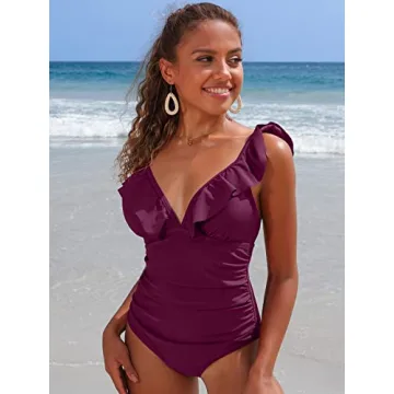 SOCIALA Ruched One Piece Bathing Suits Women Tummy Control Swimwear Ruffle V Neck High Cut Monokini Swimsuits Fuchsia S