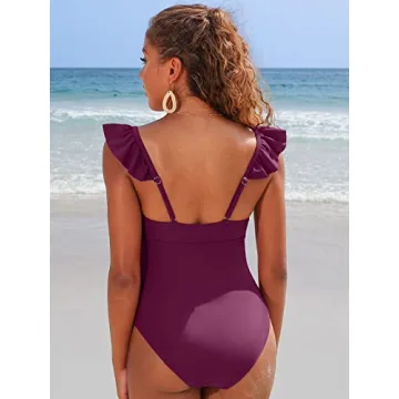 SOCIALA Ruched One Piece Bathing Suits Women Tummy Control Swimwear Ruffle V Neck High Cut Monokini Swimsuits Fuchsia S