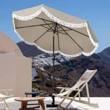 Tempera 9ft Auto Tilt Scalloped Patio Umbrellas with Fringe, Outdoor Table Umbrellas with Fade Resis...