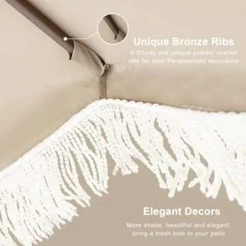 Tempera 9ft Auto Tilt Scalloped Patio Umbrellas with Fringe, Outdoor Table Umbrellas with Fade Resistant Canopy, 8 Sturdy Rids, Luxurious Vintage Umbrellas for Lawn, Pool, Deck, Balcony