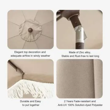 Tempera 9ft Auto Tilt Scalloped Patio Umbrellas with Fringe, Outdoor Table Umbrellas with Fade Resistant Canopy, 8 Sturdy Rids, Luxurious Vintage Umbrellas for Lawn, Pool, Deck, Balcony