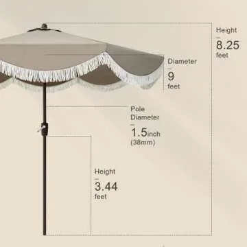 Tempera 9ft Auto Tilt Scalloped Patio Umbrellas with Fringe, Outdoor Table Umbrellas with Fade Resistant Canopy, 8 Sturdy Rids, Luxurious Vintage Umbrellas for Lawn, Pool, Deck, Balcony