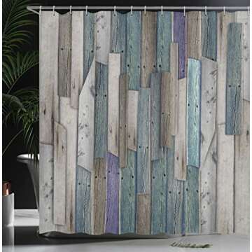 Ambesonne Rustic Shower Curtain, Vintage Wood Barn House Door Nails Country Themed Art, Cloth Fabric for Bathroom Farmhouse Bathroom Decor Essentials Set with Hooks, 69" W x 70" L Umber Pale Teal Plum