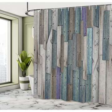 Ambesonne Rustic Shower Curtain, Vintage Wood Barn House Door Nails Country Themed Art, Cloth Fabric for Bathroom Farmhouse Bathroom Decor Essentials Set with Hooks, 69" W x 70" L Umber Pale Teal Plum
