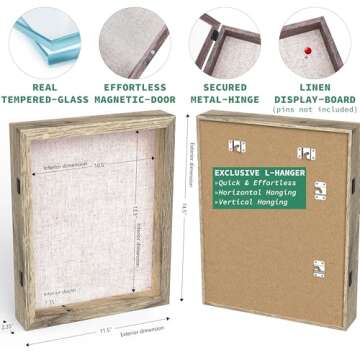 FrameWorks 11x14 Deep Shadow Box Frame, Wooden Display Case w. Linen Board & Tempered Glass Door