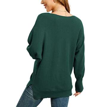 AWULIFFAN Womens Batwing Sleeve Pullover Sweater V Neck Fall Lightweight Side Slit Knit Sweaters(Dark Green,Medium)