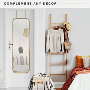 MCS 17x55 Brass Metal Over The Door Mirror With Rounded Corners, Full Length Hanging Mirror for Bedr...