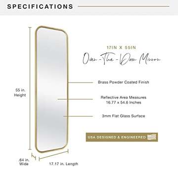 MCS 17x55 Brass Metal Over The Door Mirror With Rounded Corners, Full Length Hanging Mirror for Bedroom and Bathroom Doors, No Tools Required