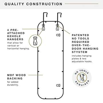 MCS 17x55 Brass Metal Over The Door Mirror With Rounded Corners, Full Length Hanging Mirror for Bedroom and Bathroom Doors, No Tools Required