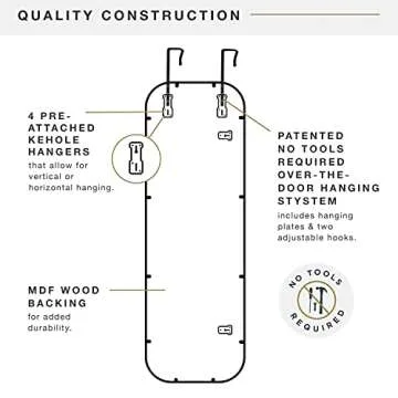 MCS 17x55 Brass Metal Over The Door Mirror With Rounded Corners, Full Length Hanging Mirror for Bedroom and Bathroom Doors, No Tools Required