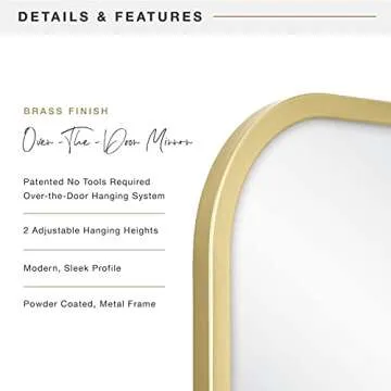 MCS 17x55 Brass Metal Over The Door Mirror With Rounded Corners, Full Length Hanging Mirror for Bedroom and Bathroom Doors, No Tools Required