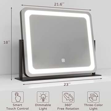 Vierose Vanity Mirror with Lights, 22"X19" Mirror with Lights for Makeup Desk, Lighted Makeup Mirror with 5X Magnification, 3 Color Lighting & Light Dimmable, 360° Rotation, Gift for Women (Black)