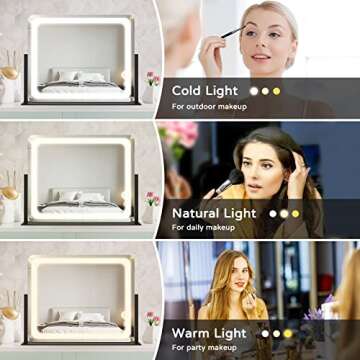 Vierose Vanity Mirror with Lights, 22"X19" Mirror with Lights for Makeup Desk, Lighted Makeup Mirror with 5X Magnification, 3 Color Lighting & Light Dimmable, 360° Rotation, Gift for Women (Black)