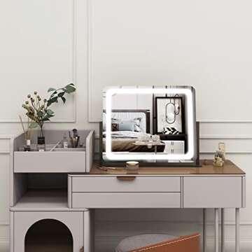 Vierose Vanity Mirror with Lights, 22"X19" Mirror with Lights for Makeup Desk, Lighted Makeup Mirror with 5X Magnification, 3 Color Lighting & Light Dimmable, 360° Rotation, Gift for Women (Black)