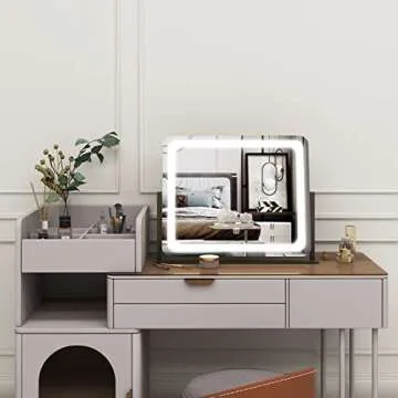 Vierose Vanity Mirror with Lights, 22"X19" Mirror with Lights for Makeup Desk, Lighted Makeup Mirror with 5X Magnification, 3 Color Lighting & Light Dimmable, 360° Rotation, Gift for Women (Black)