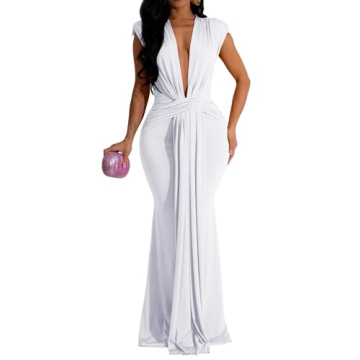 Memoriesea Women's Elegant Sleeveless Deep V Neck Bodycon Party Evening Gown Maxi Dress White