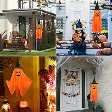 Halloween Decorations, VIKASI Single Pre-Installed Orange Pumpkin Wizard Hat Halloween Decor, Hanging Pumpkin Ornaments for Home Garden Party Indoor Outdoor