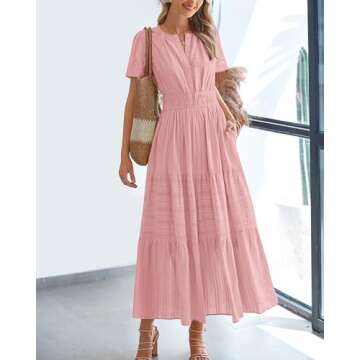BTFBM Womens Summer 2025 Casual Midi Maxi Dresses Lightweight Short Sleeve V Neck Elastic Waist Boho Beach Dress Pockets(Bean Paste Pink, Large)